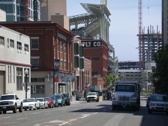 Photo of the view down Seventh Avenue reveals historic buildings included in the district as well as new construction.