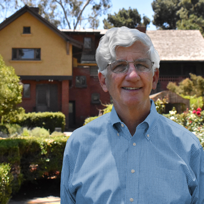 Photo of David Goldberg, SOHO board president, in the garden at the Marston House