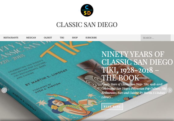 Photo of a web page featuring the book cover for Ninety Years of Classic San Diego Tiki, 1928-2018