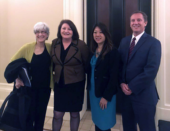 Cindy Heitzman, California Preservation Foundation executive director, with Senate President pro Tem Toni Atkins, State Treasurer Fiona Ma, and Mark Christian of the American Institute of Architects, California at the Capitol in Sacramento, after a successful committee hearing.