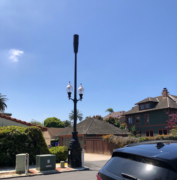 Light pole with wireless utilities at Trias Street and Fort Stockton Drive in Mission Hills