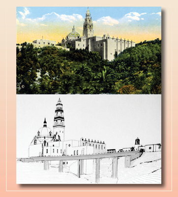 Historic postcard view of Balboa Park contrasting with the planned destruction