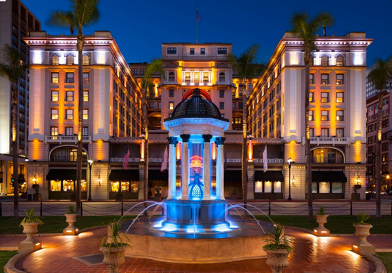 Photo of the US Grant Hotel from Horton Plaza with the Horton fountain in the foreground.