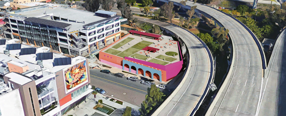 An artist's depiction of the future Chicano Museum and Cultural Center on National Avenue, next to Chicano Park (beneath the freeway ramps).