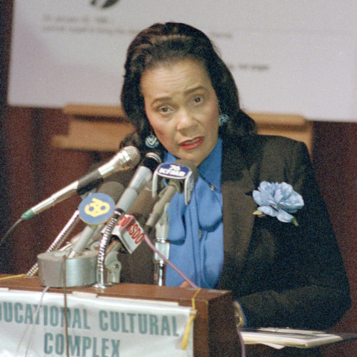 Photo of Coretta Scott King speaking at the San Diego College of Continuing Education's Educational Cultural Complex in 1983