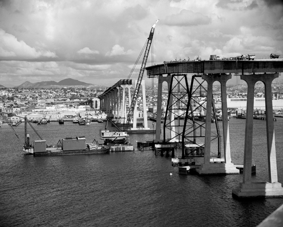 Black and white photo of the building of the San Diego-Coronado Bay Bridge