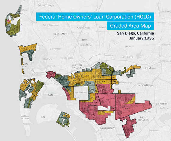 San Diego redlining map from 1935, courtesy Mapping Inequality: San Diego Redlining