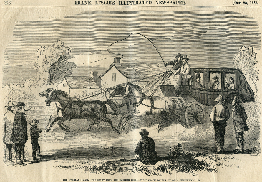 Woodcut image of the Overland Mail, the start from the eastern side. First coach driven by John Butterfield, Jr.