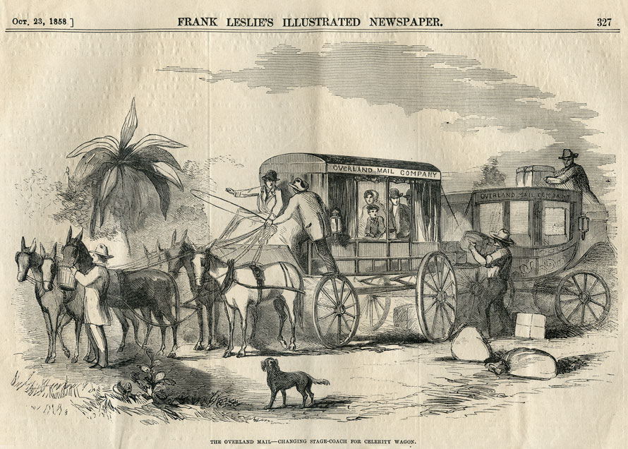 Woodcut image of the Overland Mail changing stagecoach for celerity wagon