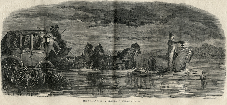 Etched image of the Overland Mail crossing a stream at night.