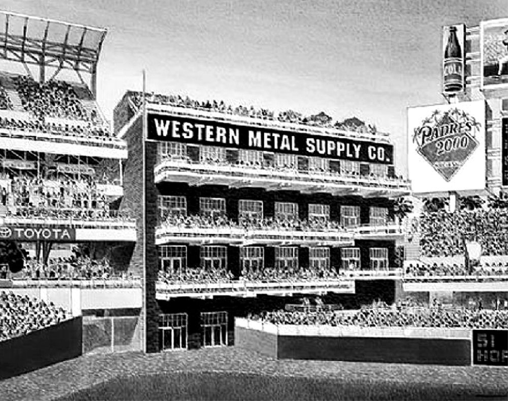 Western Metal Supply Company building pictured as part of the new ballpark outfield