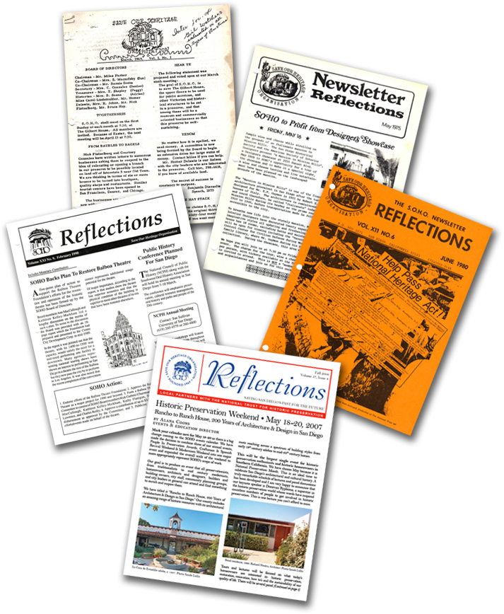 Several covers of old Reflections, the SOHO newsletter